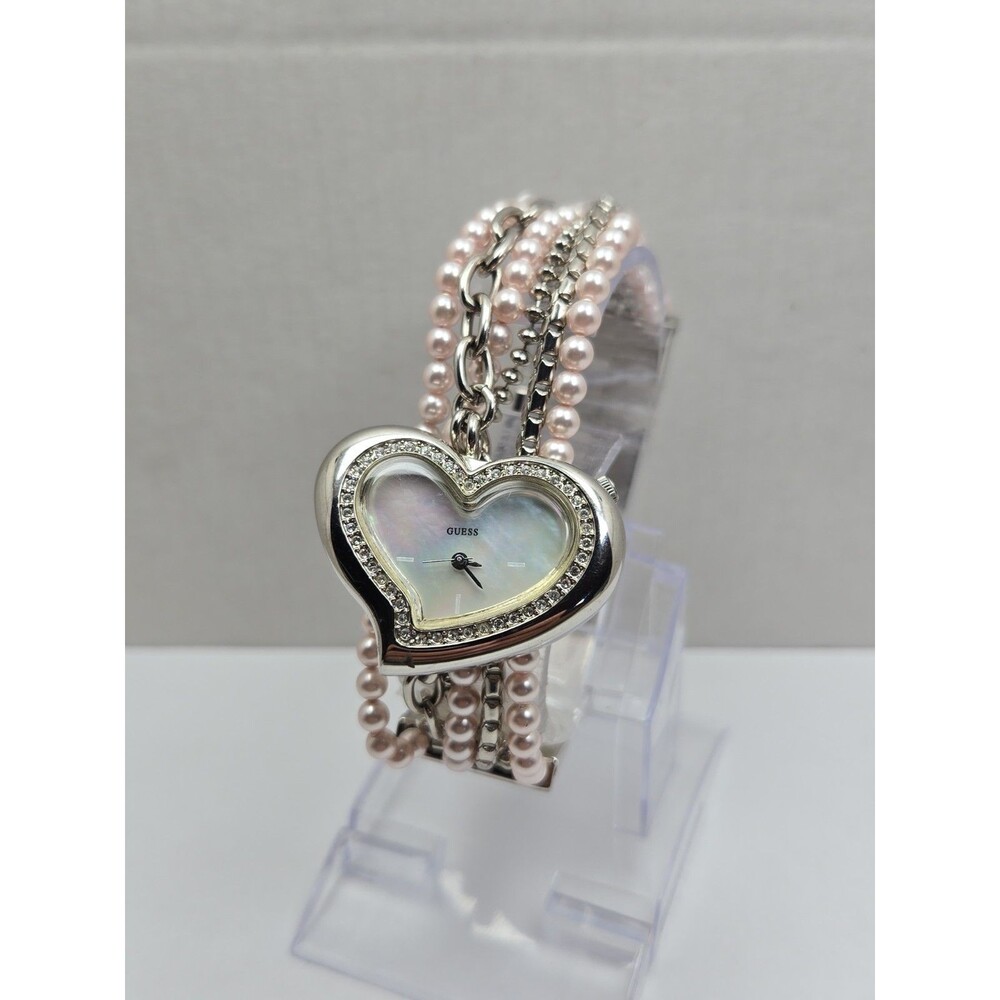 Vintage Guess Womens Heart Pearl Crystal Chain Bracelet Watch Silver New Battery